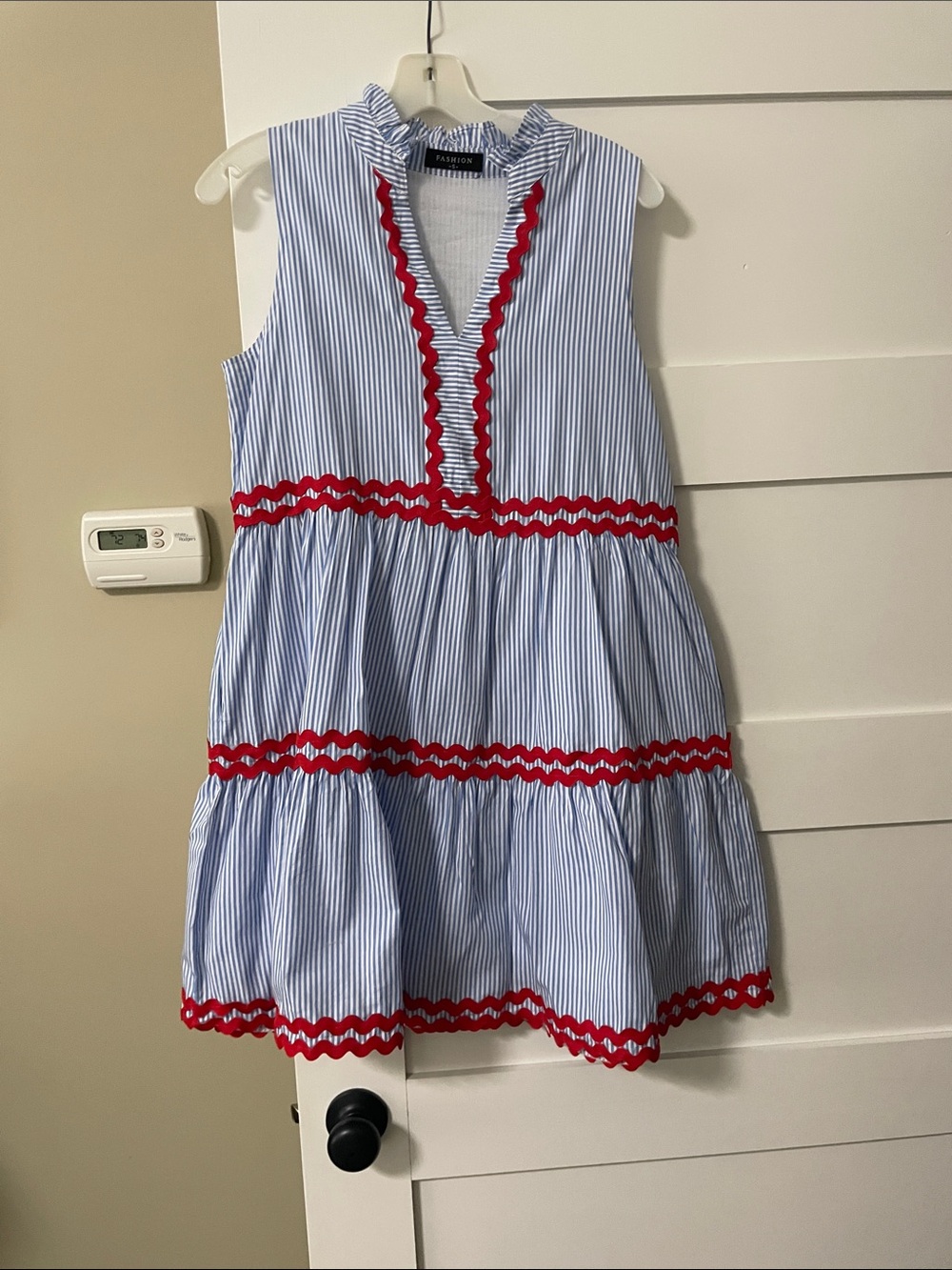 Striped Blue & white with Red Ric Rac Trim Sleeveless Dress